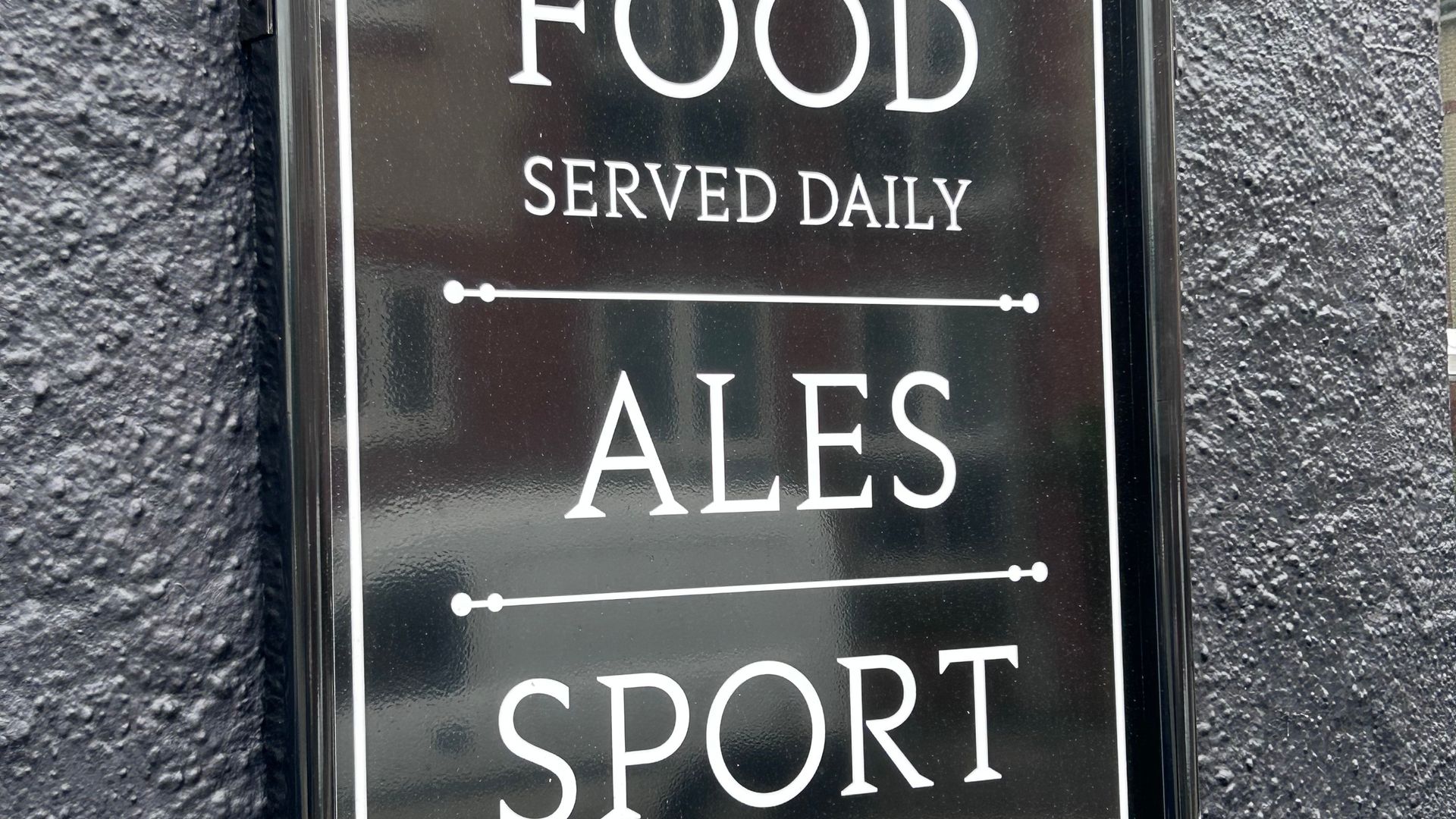 Food | Ales | Sport sign outside Rolle Quay Inn