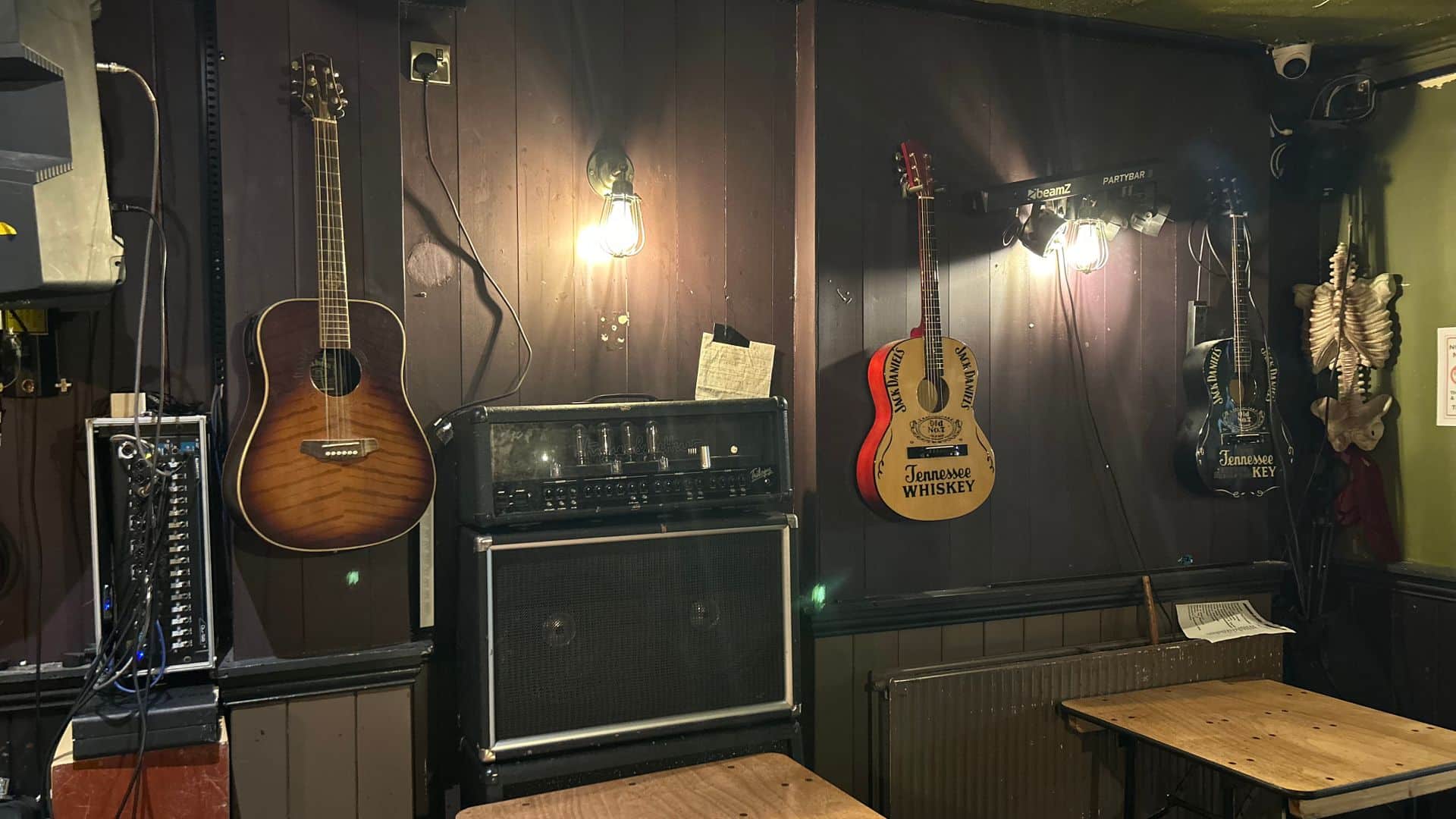 Two guitars on the wall in the Nowhere Inn