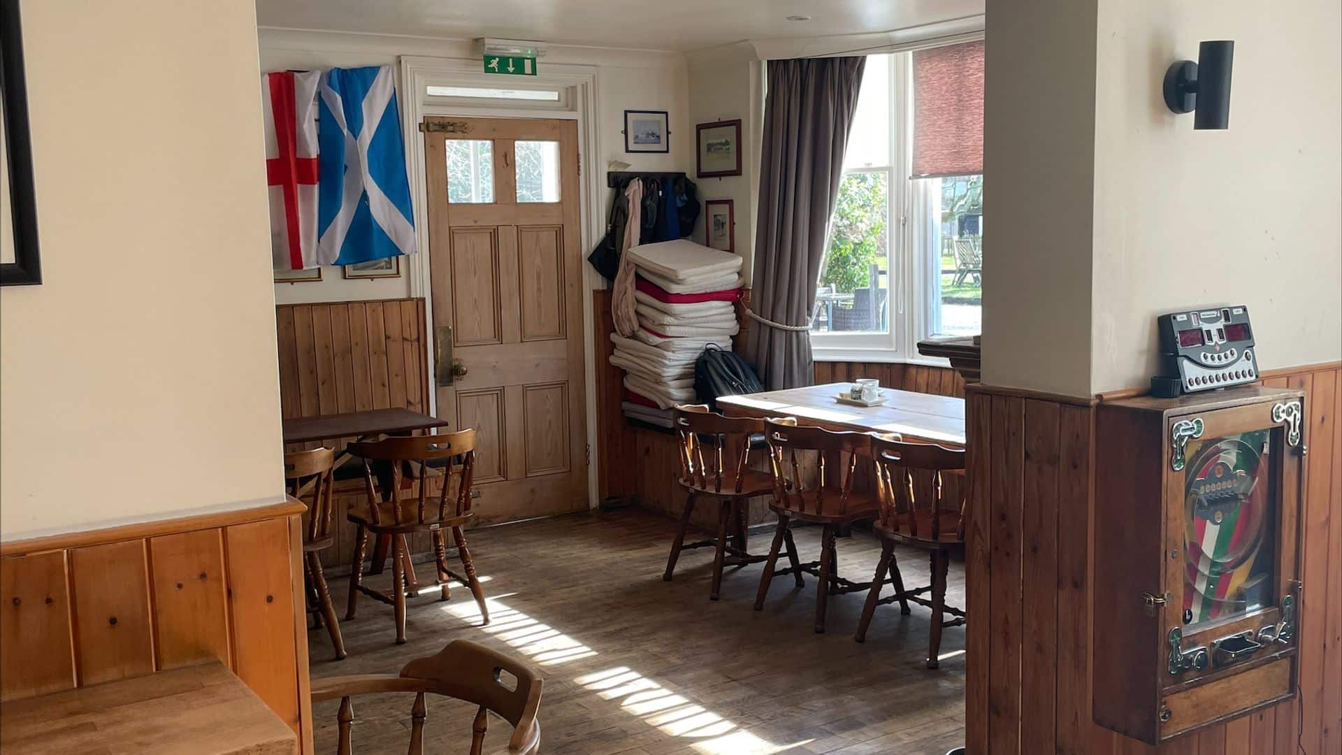 Wooden seating in The Plough